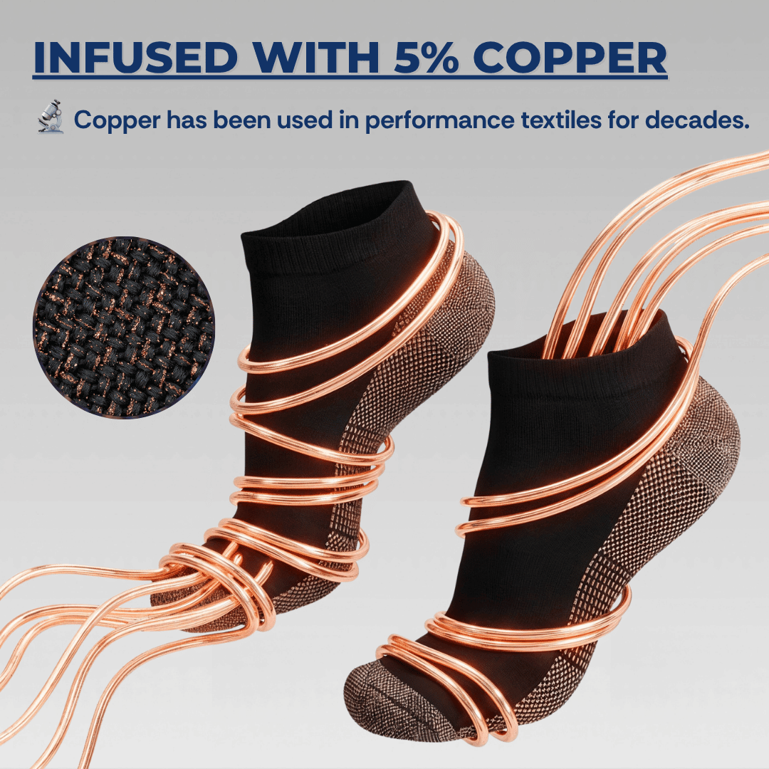 Black socks with copper-infused yarn on a gray background