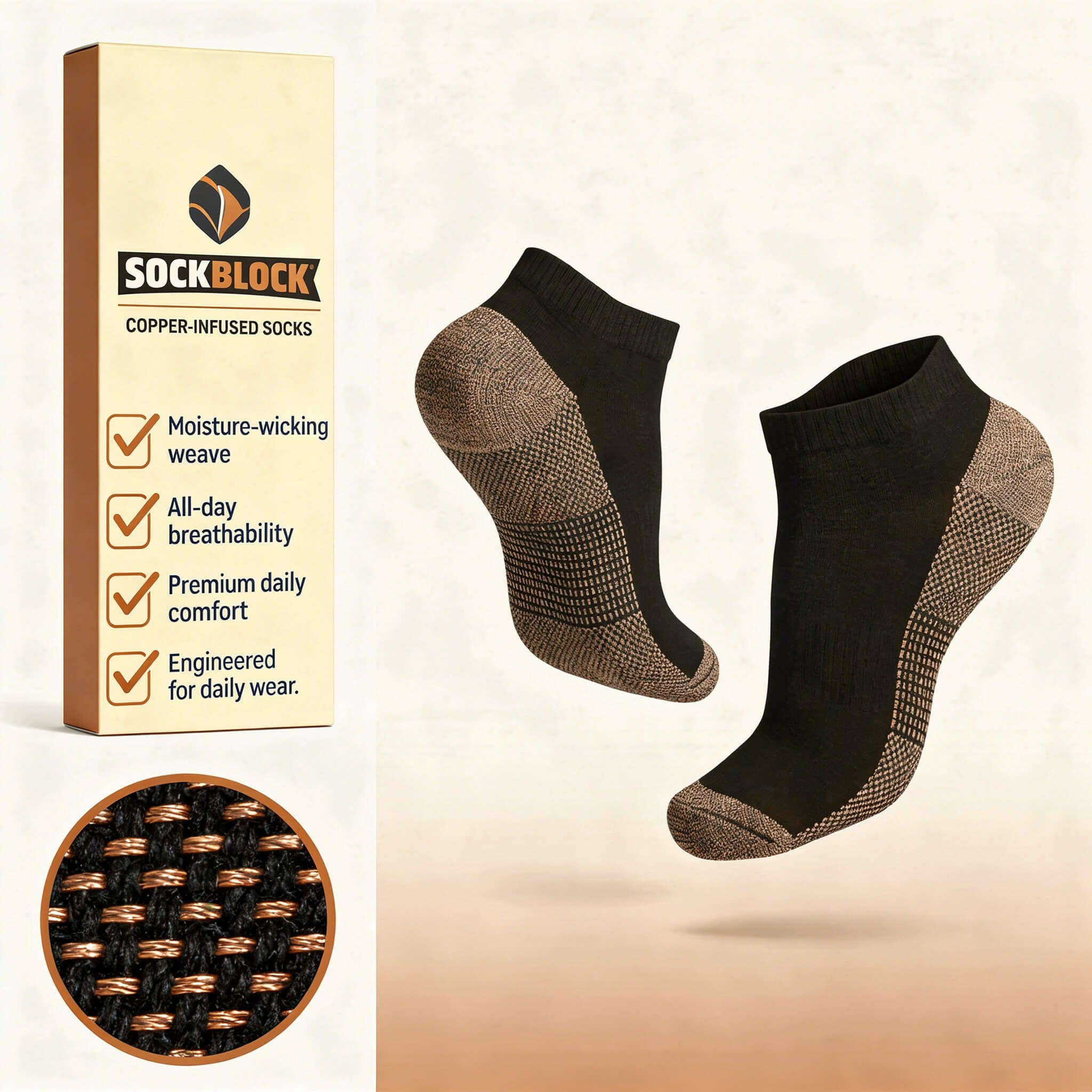 SockBlock copper-infused socks with packaging and features listed on a beige background