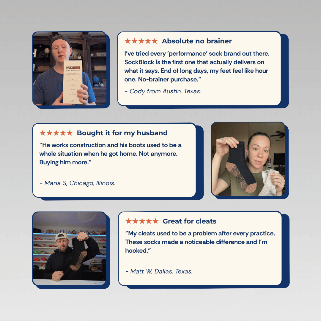 Product reviews for SockBlock with customer testimonials on a gray background