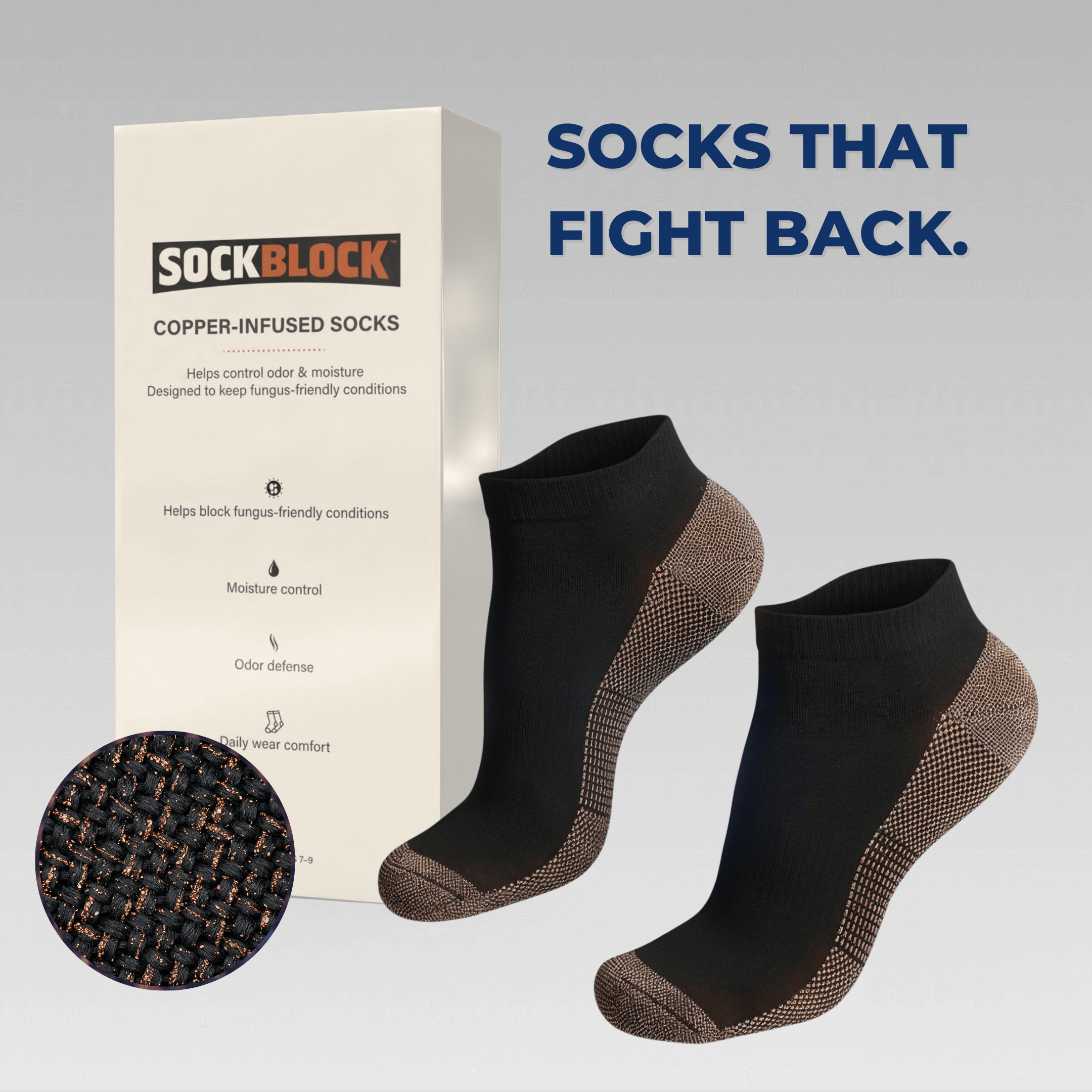 SockBlock copper-infused ankle socks with packaging and close-up of copper fiber weave