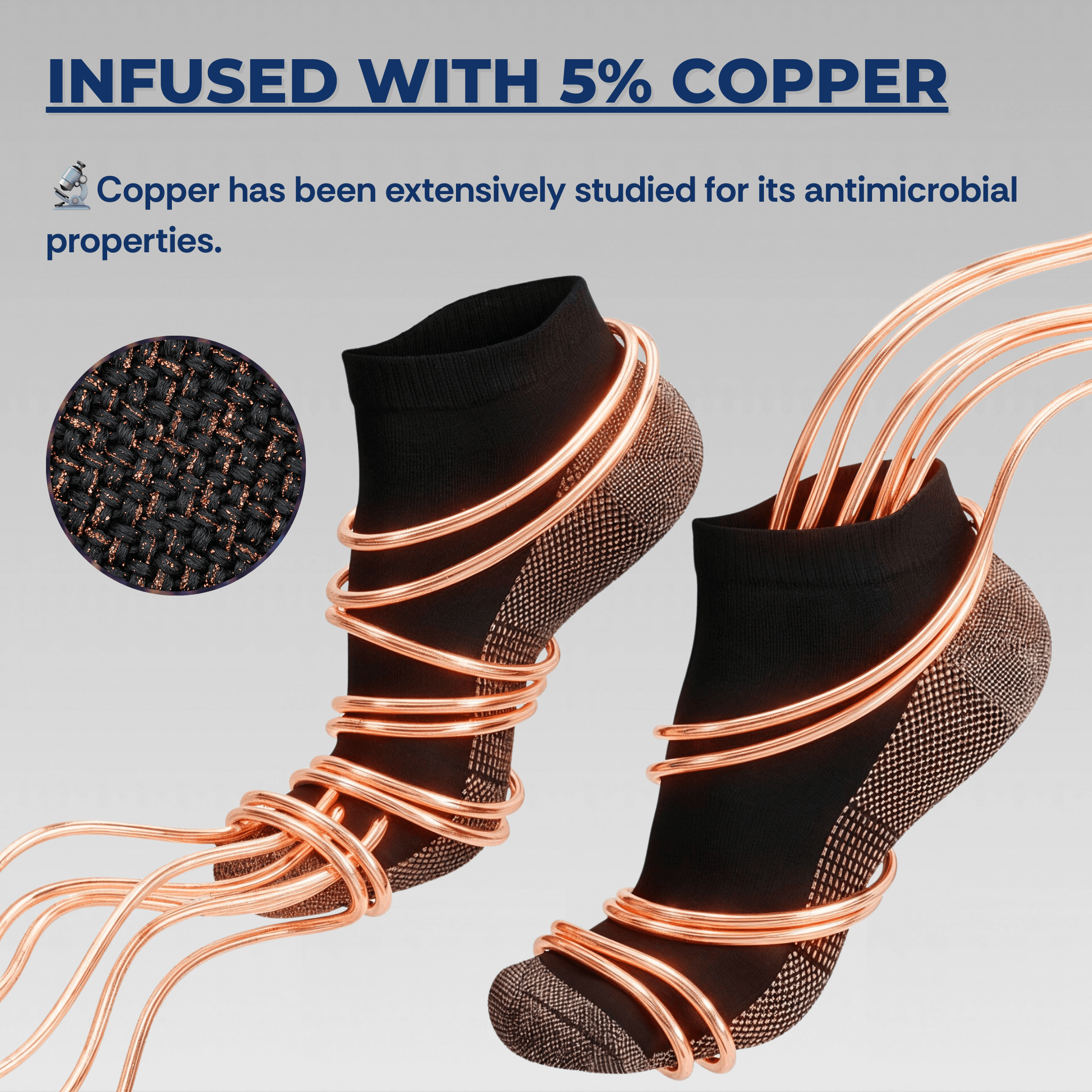 Black socks with copper-infused strands on a light gray background, highlighting antimicrobial properties.