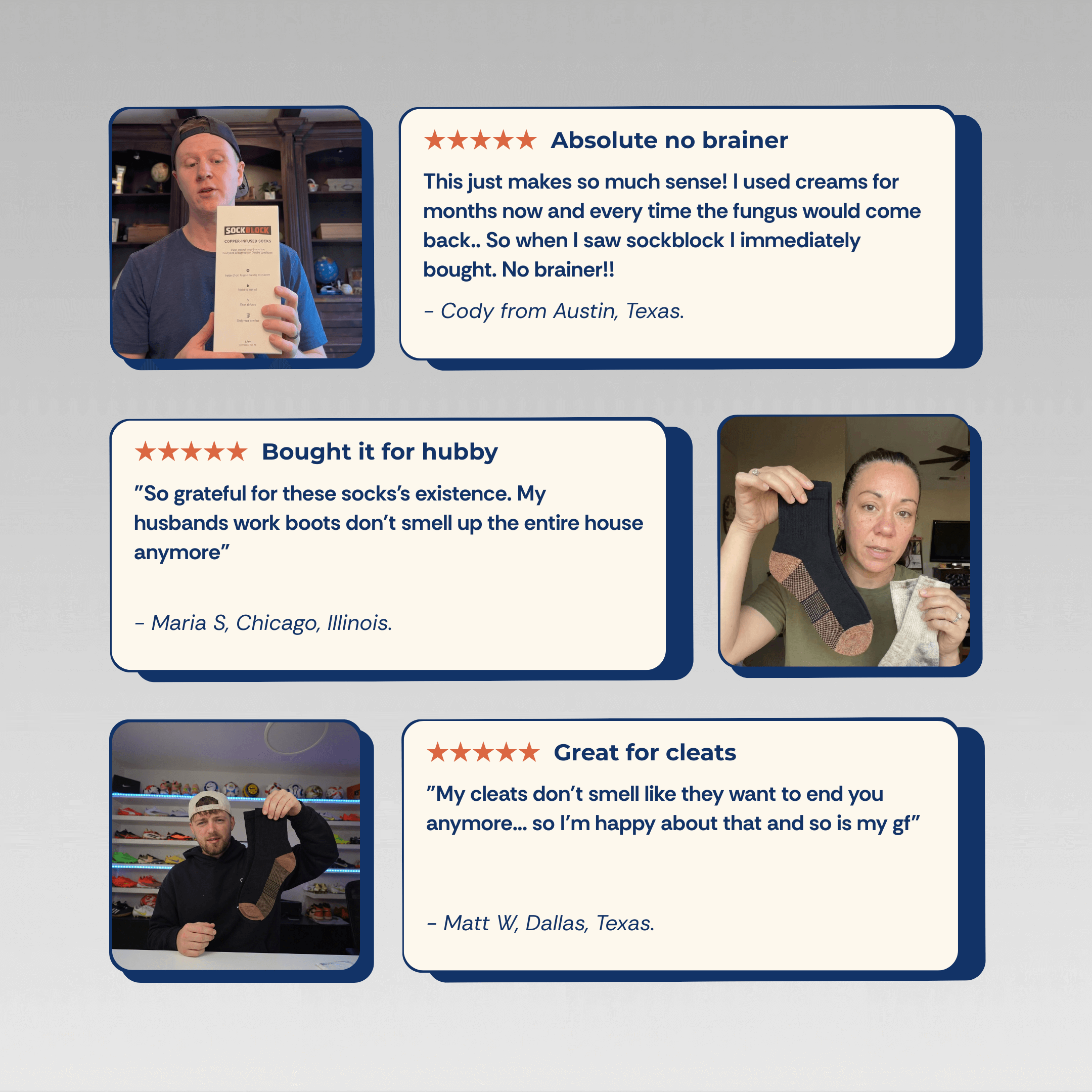 SockBlock copper-infused socks five-star customer reviews from Cody, Maria, and Matt