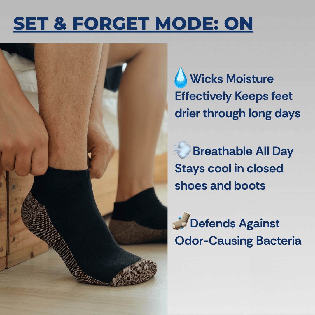Person wearing black socks with text highlighting sock features on a white background